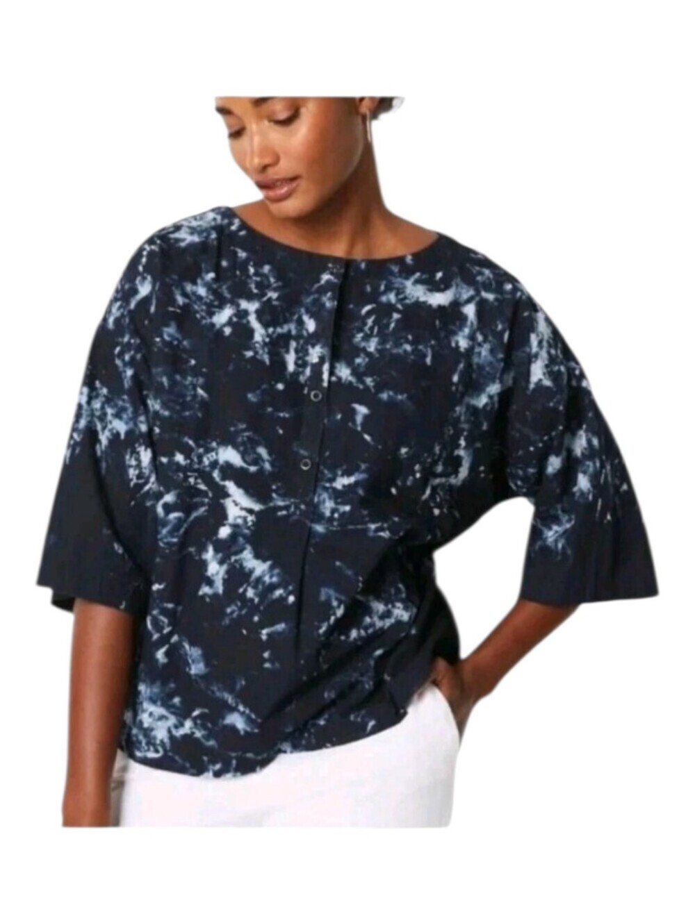 Pure Jill Womems Navy Blue Indigo Marble Tie Dye Button Front Top Medium